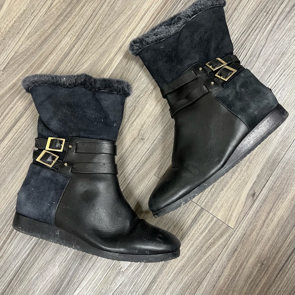 JIMMY CHOO Black Leather and Suede Mid-calf Boots with Buckle and fur lining